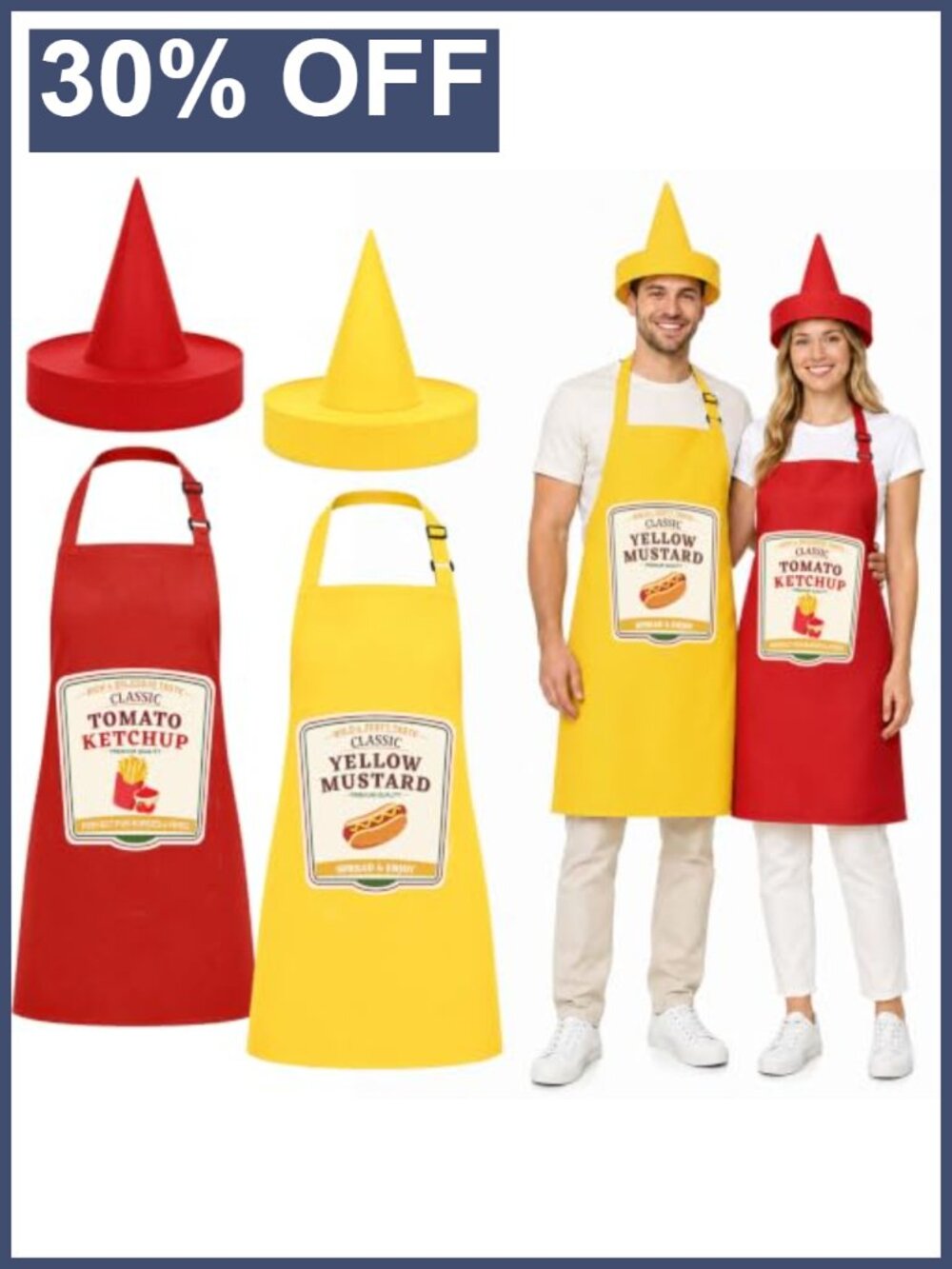 4 Pc Ketchup Mustard Costume Set Adult Couples Halloween Aprons Hats